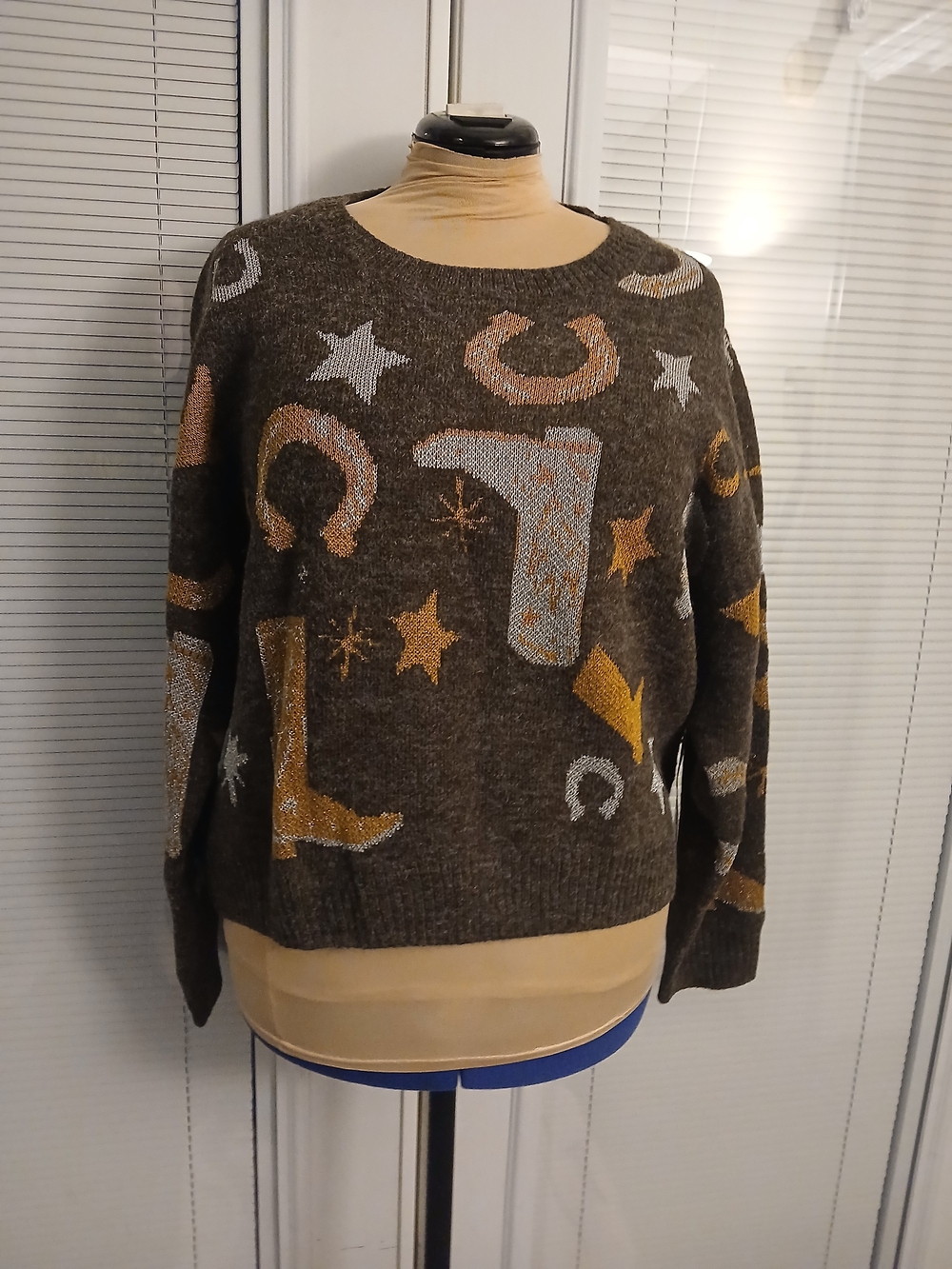 Women’s Brown Western Motif Crewneck Sweater